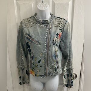 BLANK NYC Light Blue Denim Studded Floral Moto Jean Jacket Sz XS *FREE SHIPPING*